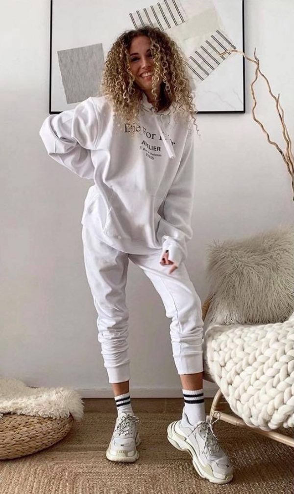 MODA conjunto blanco Die Sudadera y Pantalón